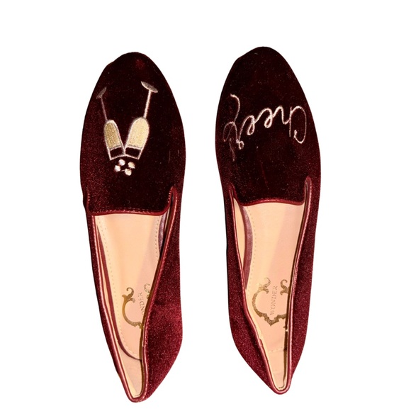 C. Wonder Burgundy Velvet Cheers Champagne Embroidered Flats - Picture 1 of 3